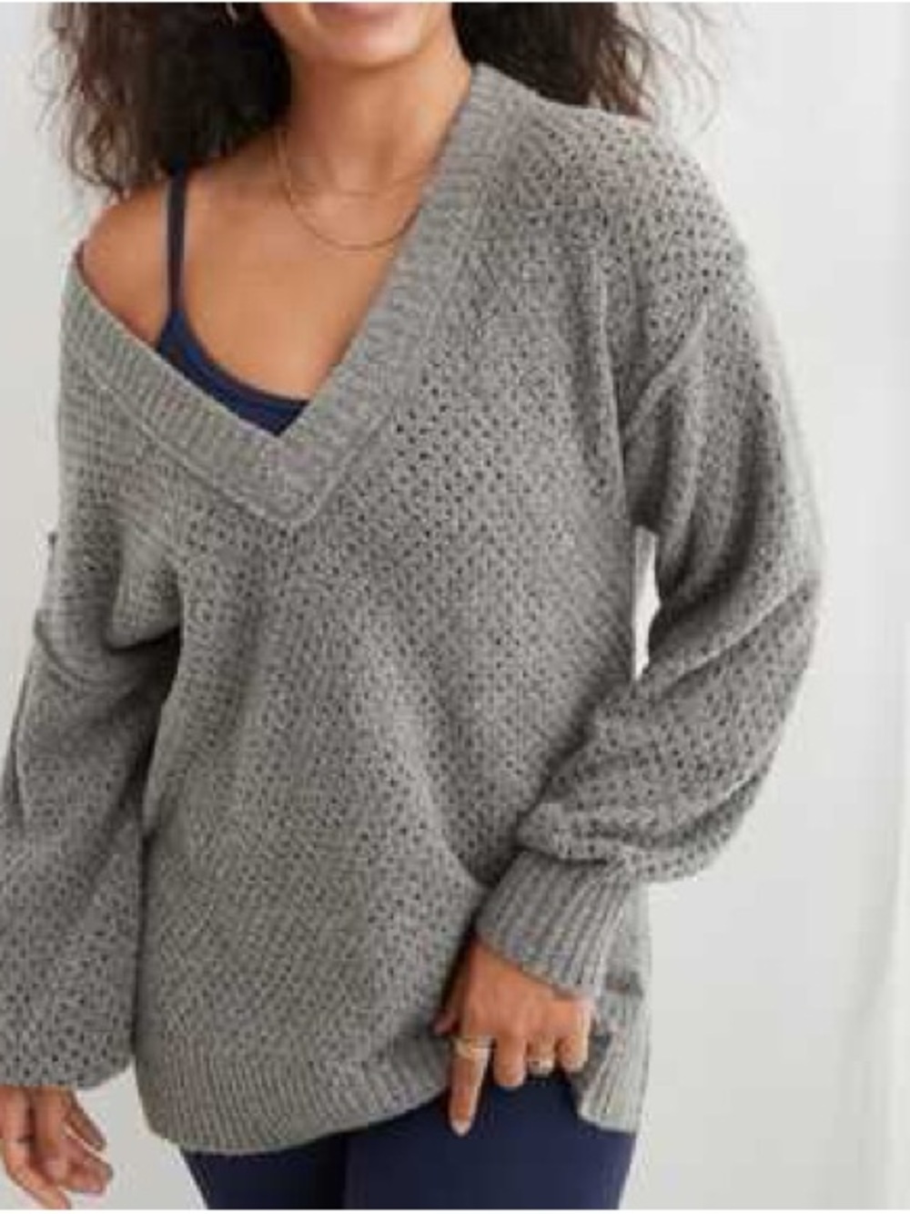 Aerie Open Weave Oversized V-Neck Sweater Gray Size Medium